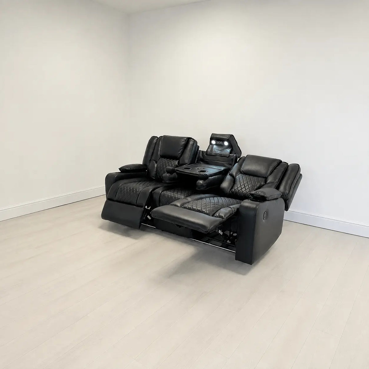 MNS Electric Recliner Orlando 3+2 Sofa Set in Black Aire Leather USB Cup Holder LED