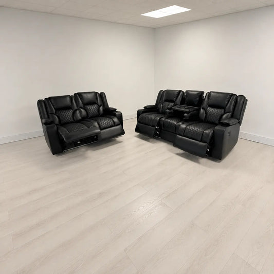 MNS Electric Recliner Orlando 3+2 Sofa Set in Black Aire Leather USB Cup Holder LED
