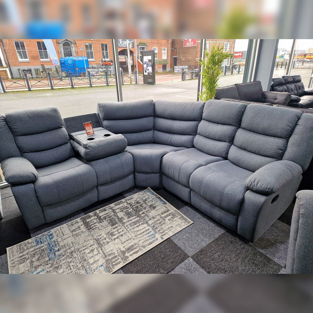 Roma grey fabric corner sofa with built-in recliner seating