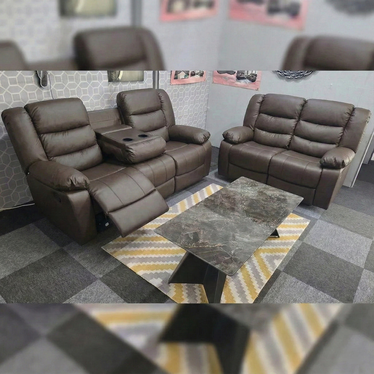 MNS Leather Recliner Sofa with Cupholders - 3+2 Seater Sofa - Black (3+2 Seater)
