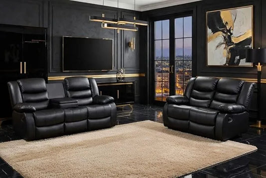 MNS - Leather Recliner Sofa with Cupholders - 3+2 Seater Sofa - Black (3+2 Seater)