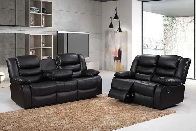 MNS - Leather Recliner Sofa with Cupholders - 3+2 Seater Sofa - Black (3+2 Seater)