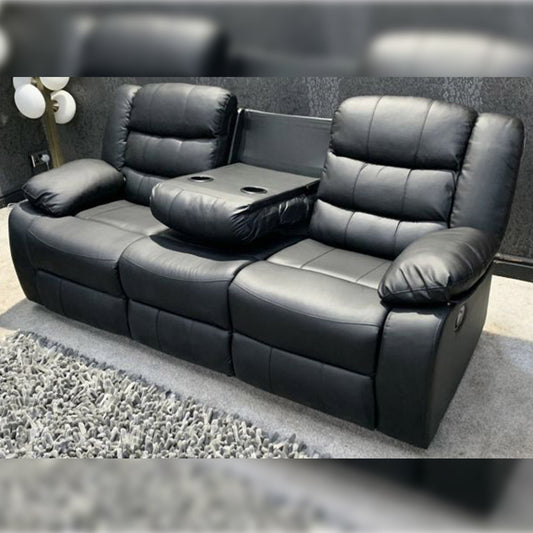 Roma Leather Recliner Sofa with Cupholders - 3 Seater Sofa - Black (3 Seater)
