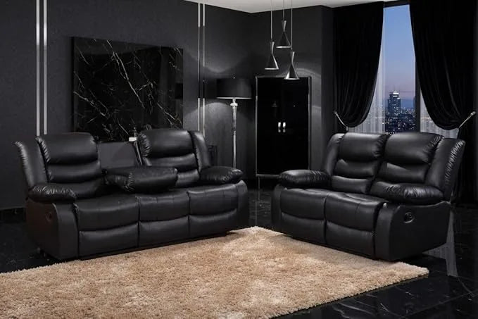 MNS - Leather Recliner Sofa with Cupholders - 3+2 Seater Sofa - Black (3+2 Seater)
