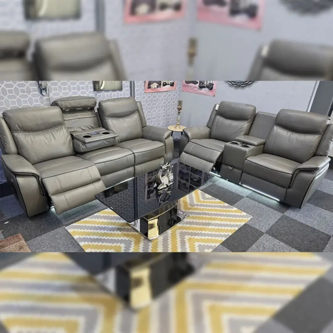 Prada black leather electric recliner sofa set, 3 and 2 seater