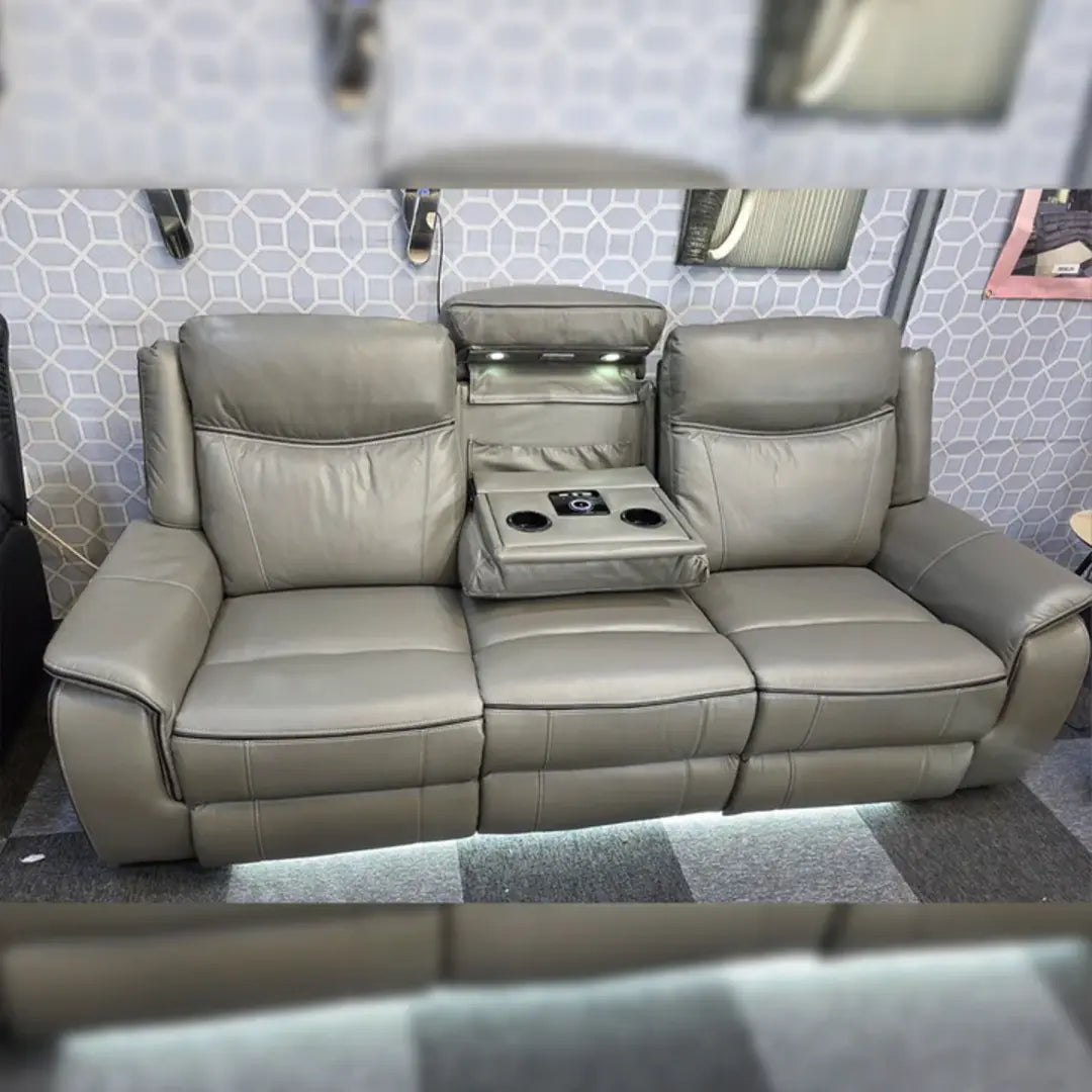Prada electric recliner sofa shown fully reclined with footrest up