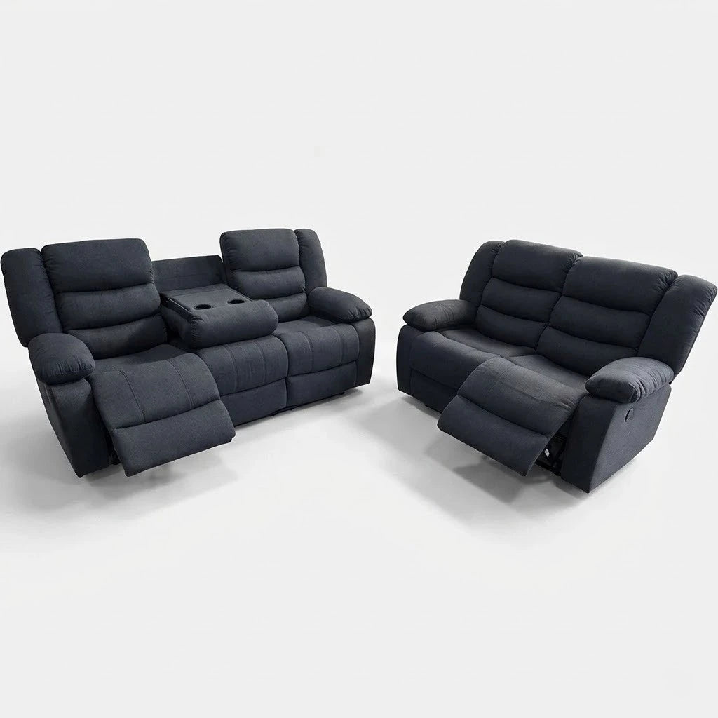MNS Roma Fabric Reclining Sofa, Grey Fabric, 3+2 Seater with Cup Holders
