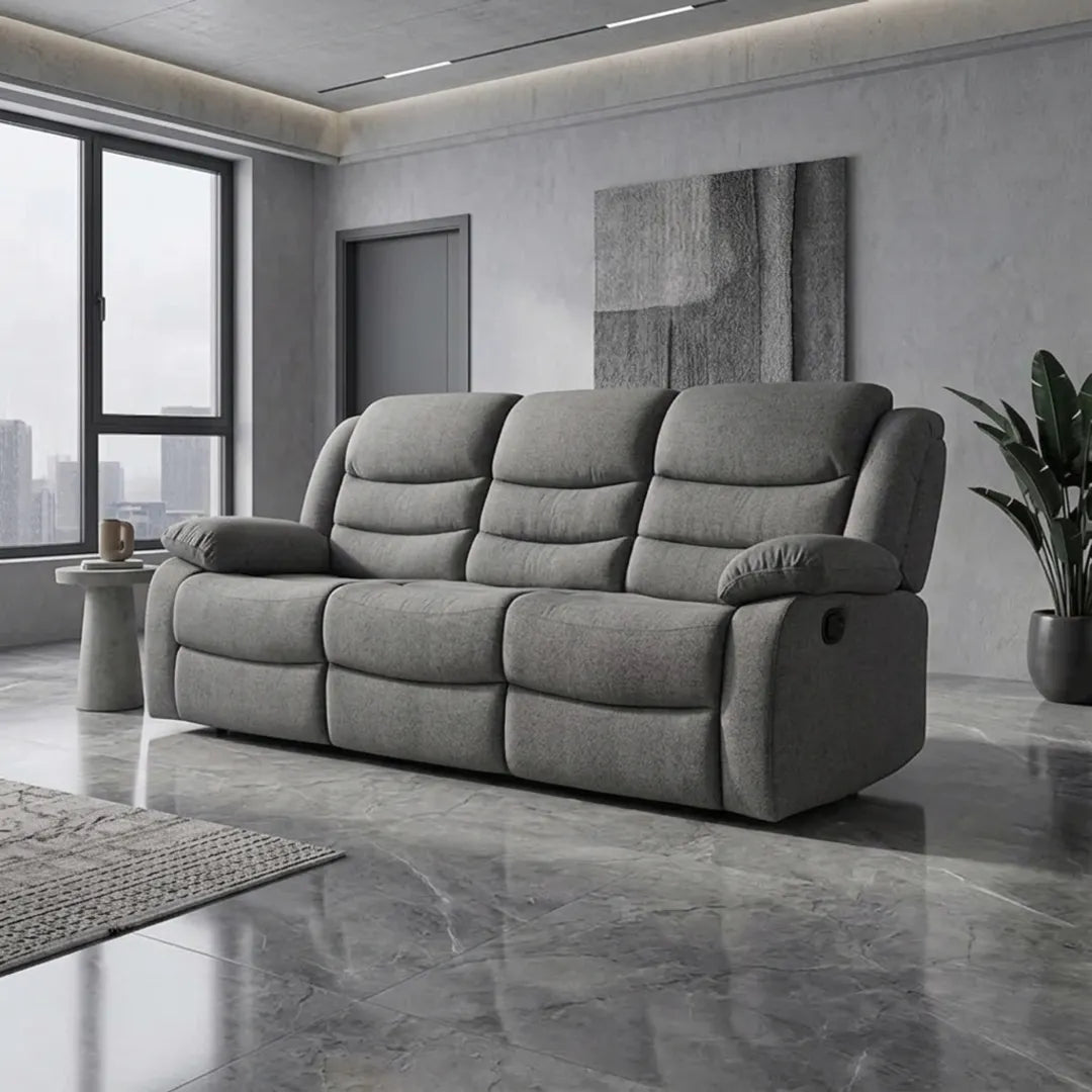 MNS Roma Fabric Reclining Sofa, Grey Fabric, 3+2 Seater with Cup Holders