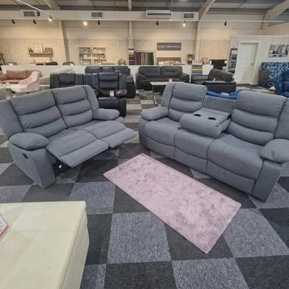 MNS Roma Fabric Reclining Sofa, Grey Fabric, 3+2 Seater with Cup Holders