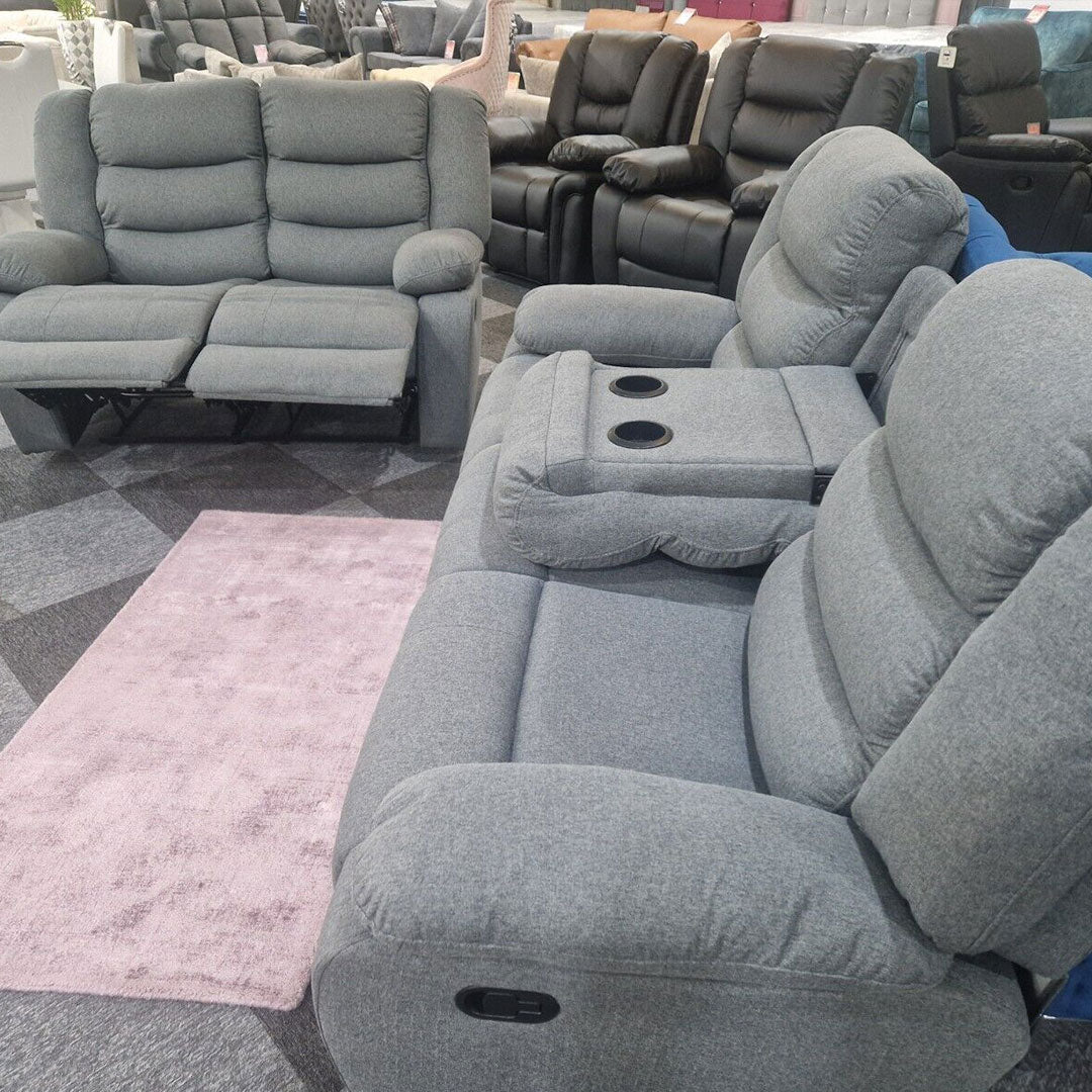 MNS Roma Fabric Reclining Sofa, Grey Fabric, 3+2 Seater with Cup Holders
