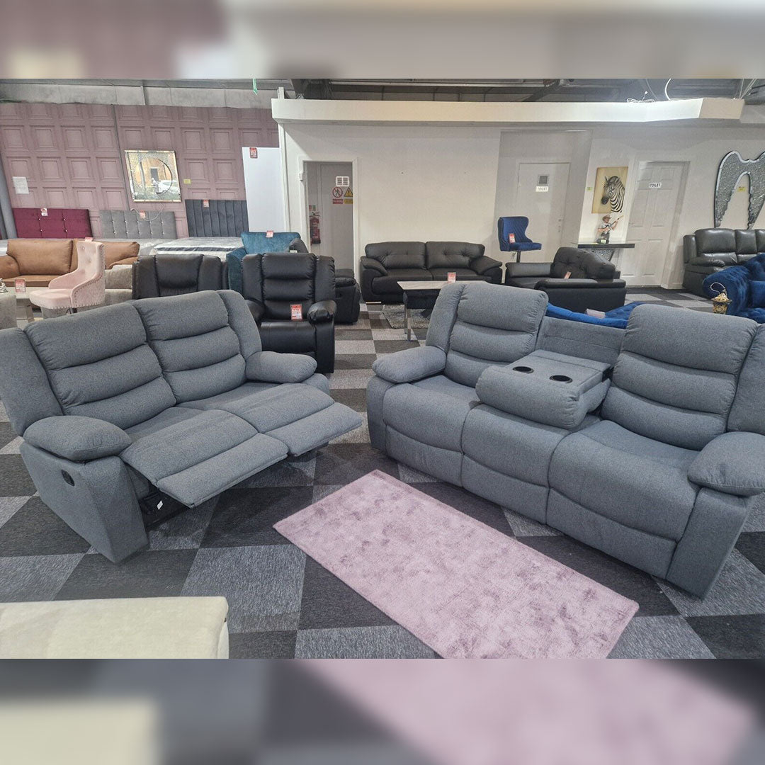 MNS Roma Fabric Reclining Sofa, Grey Fabric, 3+2 Seater with Cup Holders
