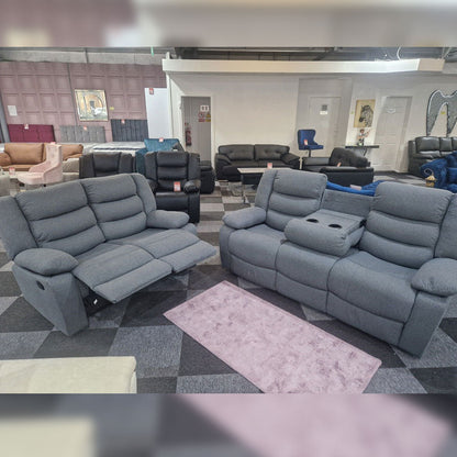 MNS Roma Fabric Reclining Sofa, Grey Fabric, 3+2 Seater with Cup Holders
