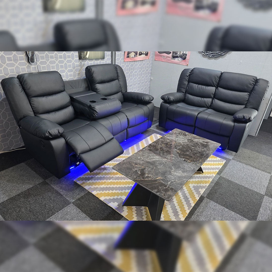 My New Sofa Ltd MNS Roma leather electric recliner sofa set with cupholders, black and grey 3+2 seater arrangement.