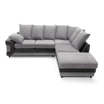 large grey corner sofa LARGE-DINO-CORNER-SOFA-GREY-BLACK-LEFT-HAND-SIDE-FOAM. Fire resistant as per British Standards, foam filled seats for comfort.
