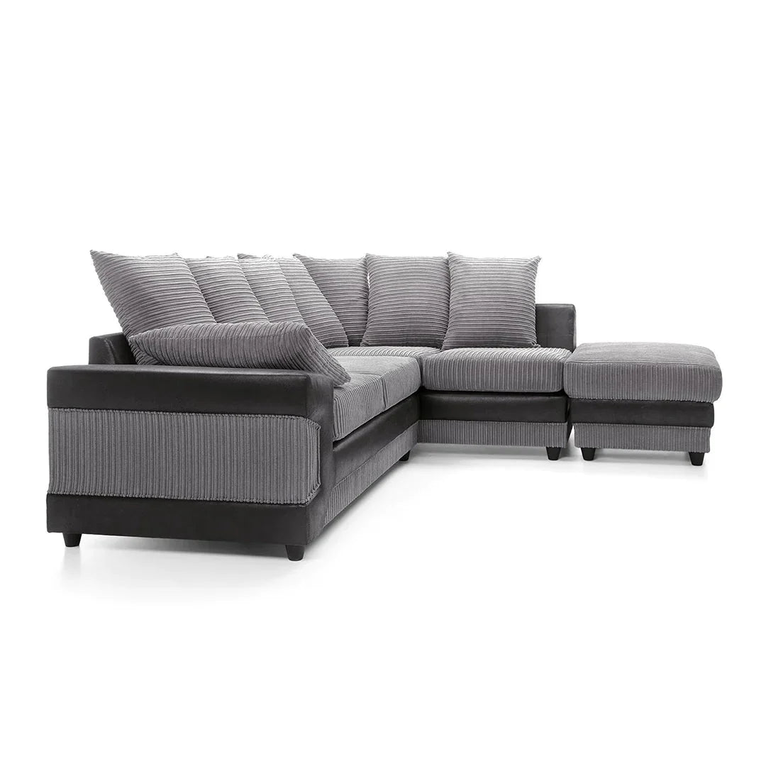 large grey corner sofa LARGE-DINO-CORNER-SOFA-GREY-BLACK-LEFT-HAND-SIDE-FOAM. Fire resistant as per British Standards, foam filled seats for comfort.
