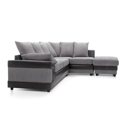 large grey corner sofa LARGE-DINO-CORNER-SOFA-GREY-BLACK-LEFT-HAND-SIDE-FOAM. Fire resistant as per British Standards, foam filled seats for comfort.
