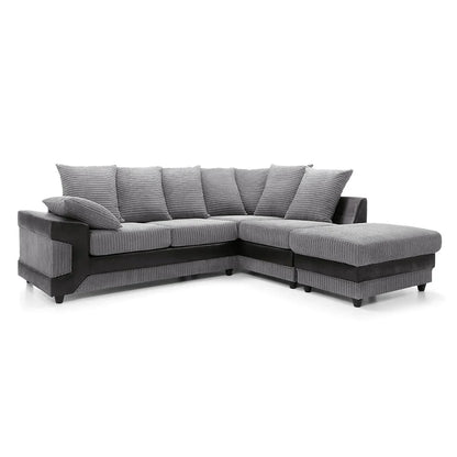 large grey corner sofa LARGE-DINO-CORNER-SOFA-GREY-BLACK-LEFT-HAND-SIDE-FOAM. Fire resistant as per British Standards, foam filled seats for comfort.
