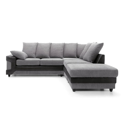 large grey corner sofa LARGE-DINO-CORNER-SOFA-GREY-BLACK-LEFT-HAND-SIDE-FOAM. Fire resistant as per British Standards, foam filled seats for comfort.

