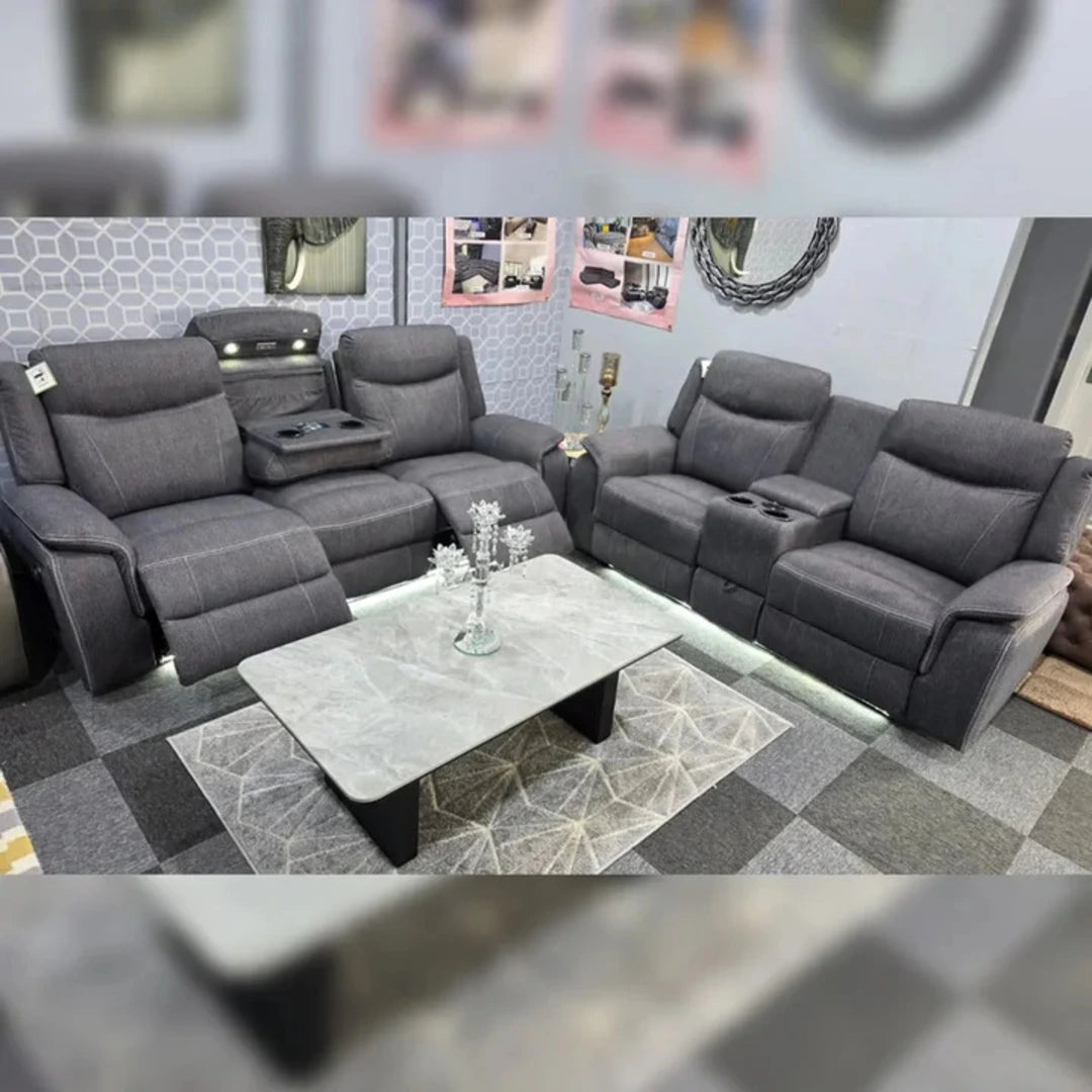 Pradaa Fabric Electric Recliner Sofa Set With Cupholders – 3+2 Seater Sofa Set – LED Lights – Bluetooth Speakers – Cooling cupholders – USB and Type-C charging ports (3+2 Seater) | Electric Recliners