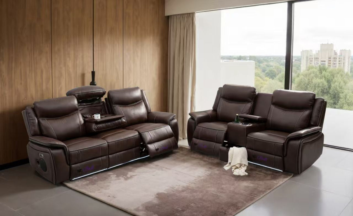 MNS Pradaa Leather Electric Recliner Sofa Set With Cupholders, LED Lights – Bluetooth Speakers – Cooling Cupholders