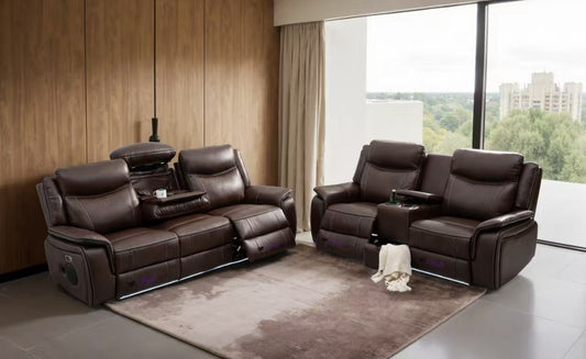 MNS Pradaa Leather Electric Recliner Sofa Set With Cupholders, LED Lights – Bluetooth Speakers – Cooling Cupholders