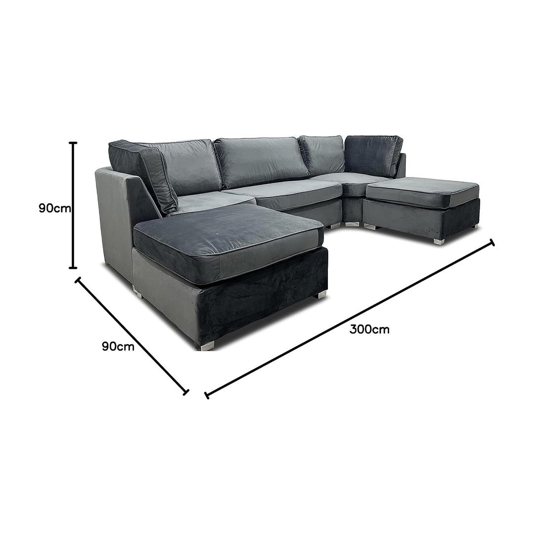 S.D Bishop Grey Plush Velvet U Shape Corner Sofa
