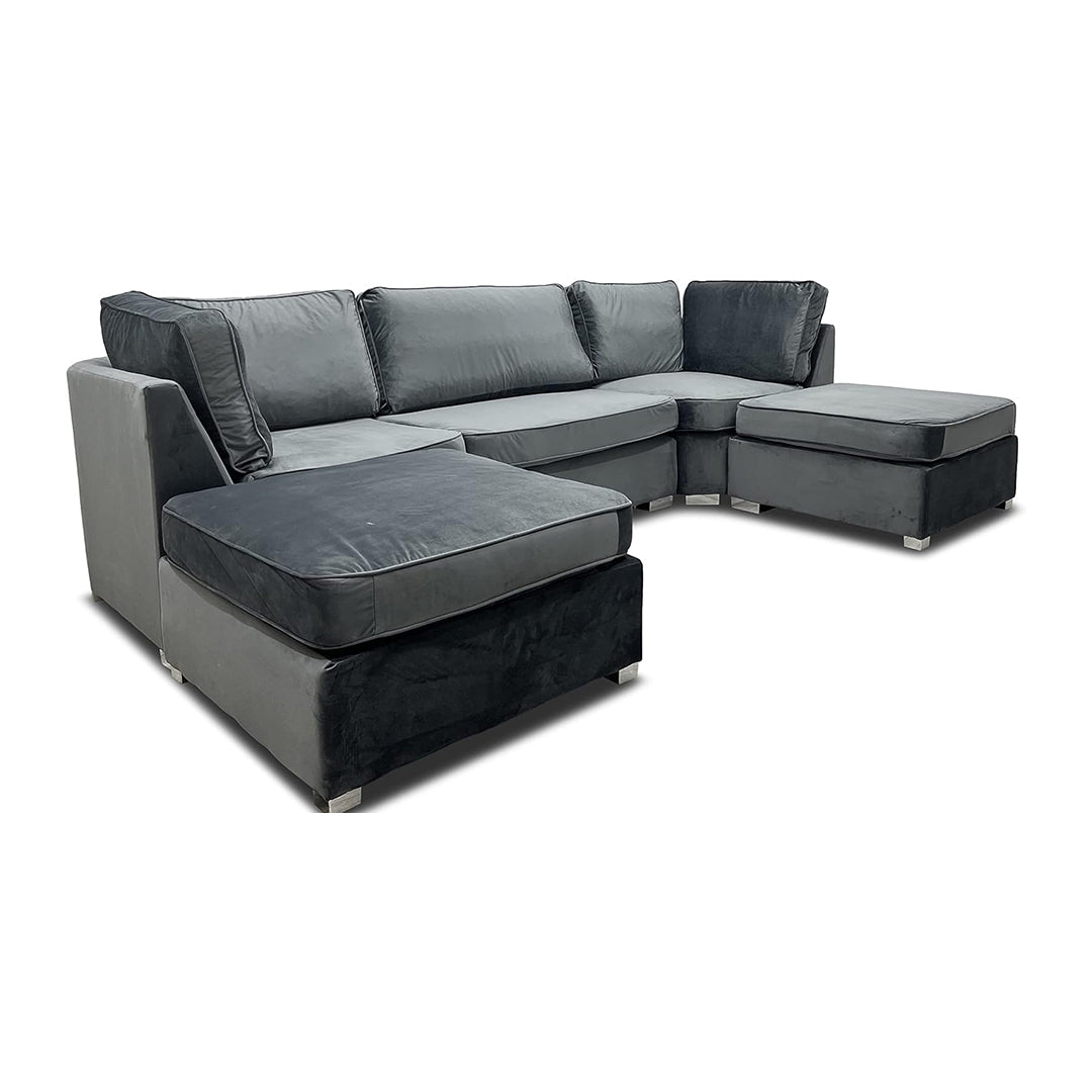 S.D Bishop Grey Plush Velvet U Shape Corner Sofa
