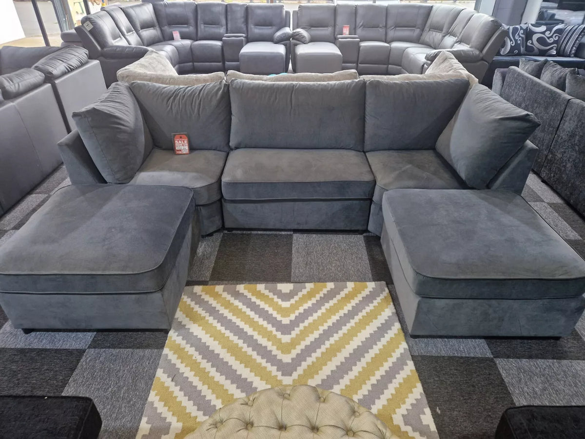 S.D Bishop Grey Plush Velvet U Shape Corner Sofa
