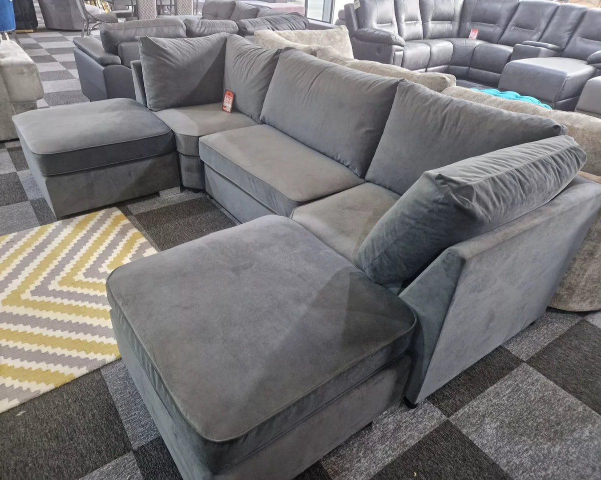 S.D Bishop Grey Plush Velvet U Shape Corner Sofa
