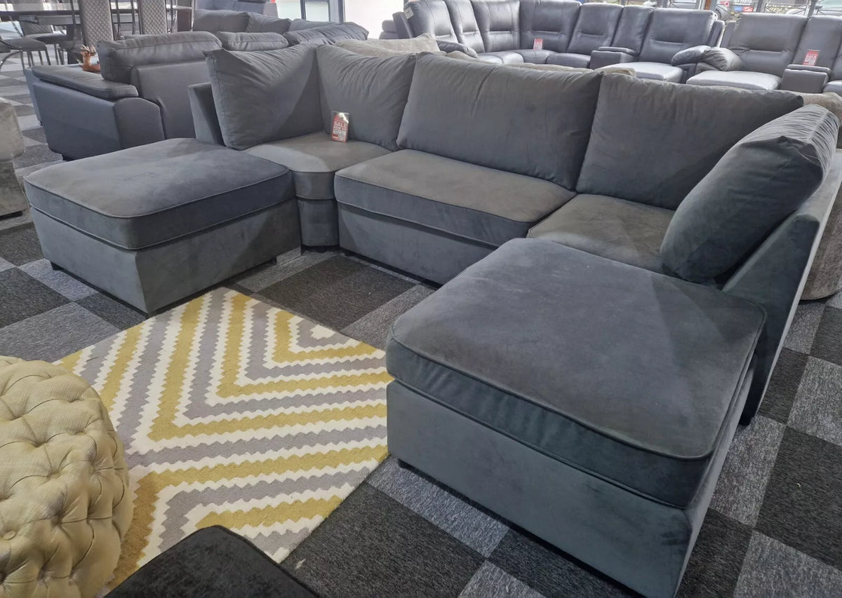 S.D Bishop Grey Plush Velvet U Shape Corner Sofa
