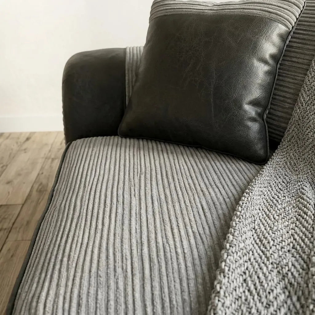 Tango 3+2 Seater Sofa Set – Jumbo Cord Fabric with Leather Detail  Grey & Brown