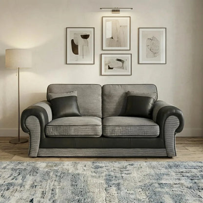 Tango 3+2 Seater Sofa Set – Jumbo Cord Fabric with Leather Detail  Grey & Brown