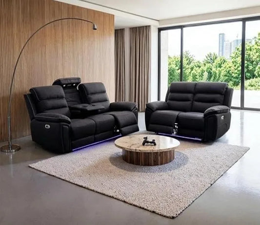 Venice Electric Recliner Sofa Set, Fabric, 3 and 2 Seater, Platinum, with USB, Type C, LED, and Reading Lights