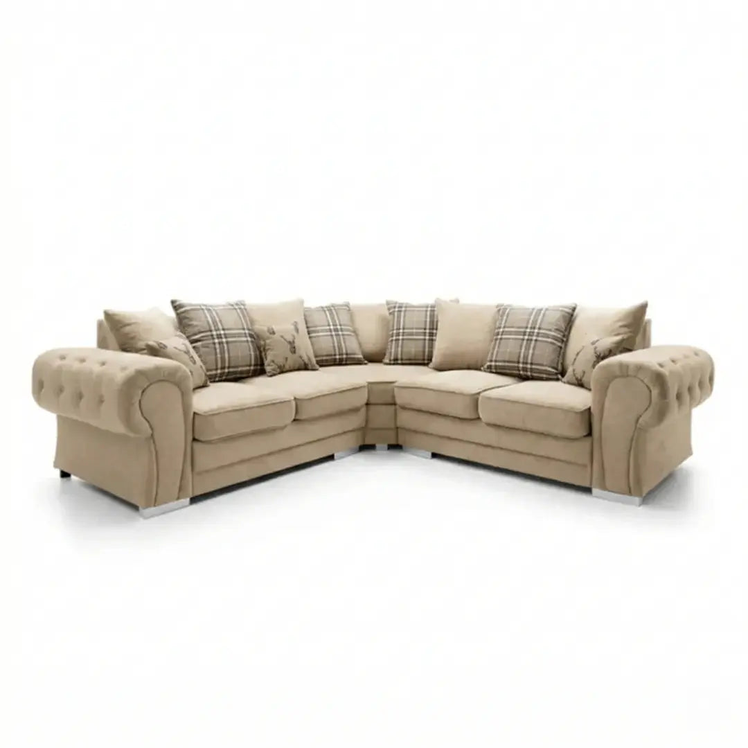 Verona beige fabric corner sofa with scatter back cushions and chrome feet