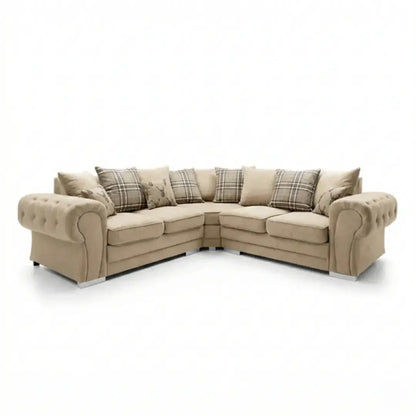 Verona beige fabric corner sofa with scatter back cushions and chrome feet