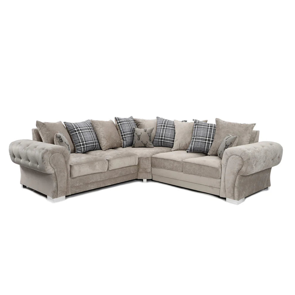 Verona mink fabric corner sofa with button-tufted scroll arms