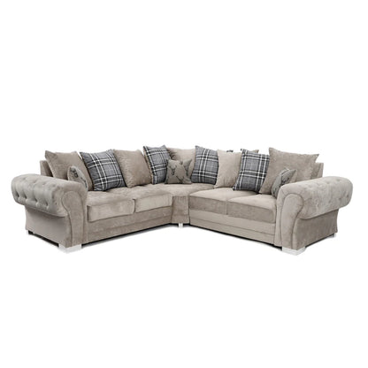 Verona mink fabric corner sofa with button-tufted scroll arms