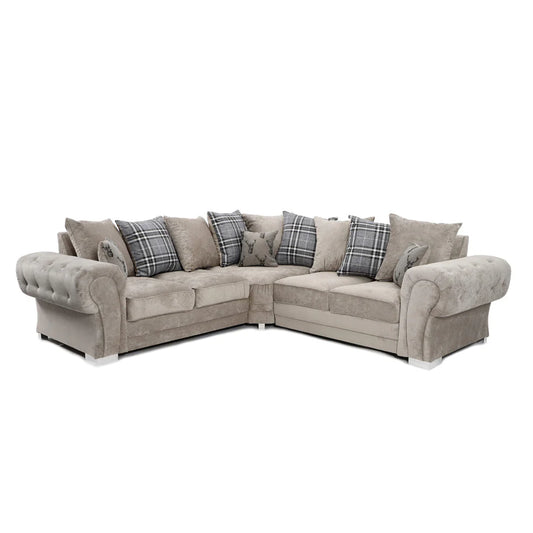 Verona mink fabric corner sofa with button-tufted scroll arms
