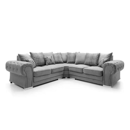 Verona grey fabric corner sofa with scatter back cushions in a living room